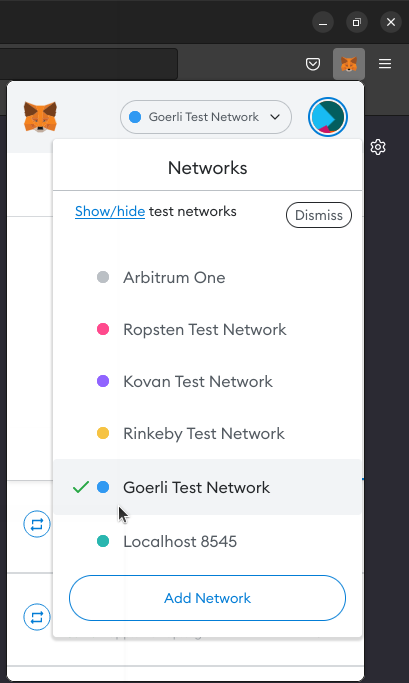 Screenshot showing the network selection menu in MetaMask. The Goerli Test Network is selected.