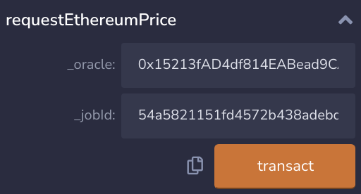 Screenshot of the requestEthereumPrice function with the oracle address and job ID specified.